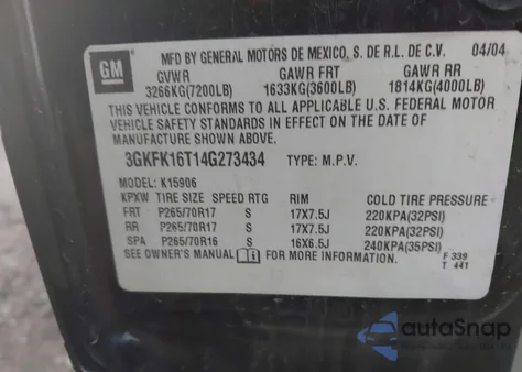 2004 GMC Yukon Xl 1500 Slt из США, поврежденный, VIN 3GKFK16T14G273434